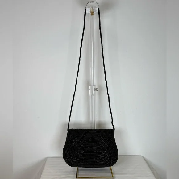 Sak’s Fifth Avenue Black Beaded Evening Bag Purse Clutch Magnetic Closure - Picture 6 of 11